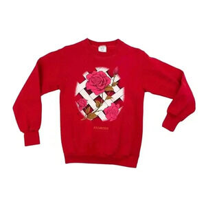 VTG Red Sweatshirt Pullover Top SMALL Rose Florida Retro Long Sleeve Women's